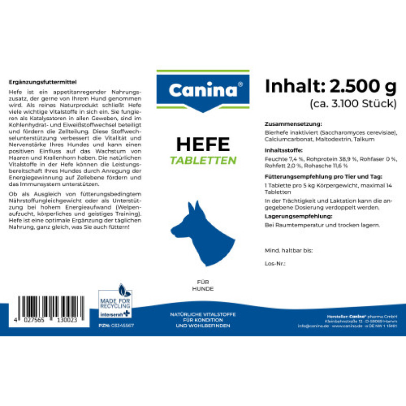 Вітаміни Canina Hefe для собак, дріжджові таблетки з ензимами, 2500 г (3100 табл)