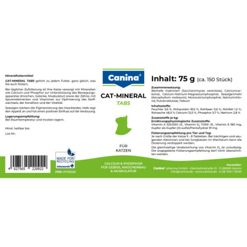 Вітамінно-мінеральний комплекс Canina Cat-Mineral Tabs для котів 75 г 150 табл.