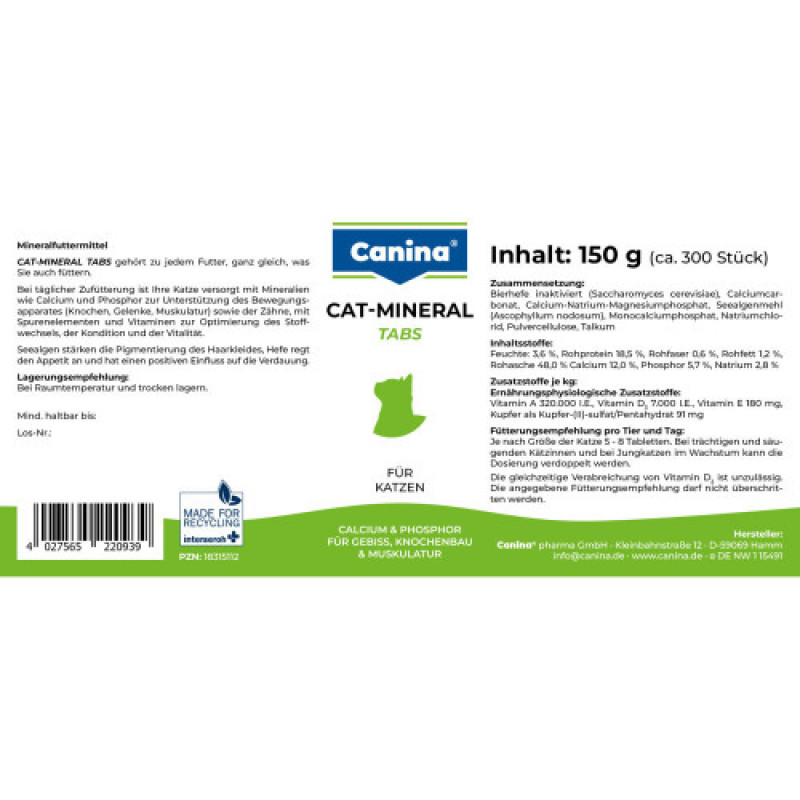 Вітамінно-мінеральний комплекс Canina Cat-Mineral Tabs для котів 150 г 300 табл.