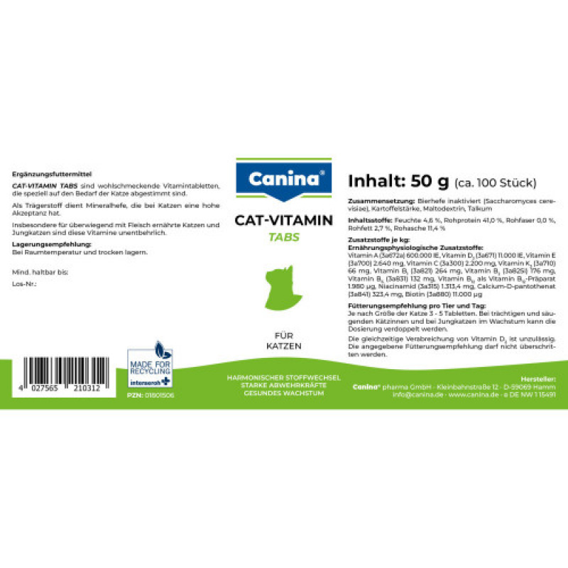 Вітамінний комплекс Canina Cat-Vitamin Tabs для котів 50 г 100 табл.