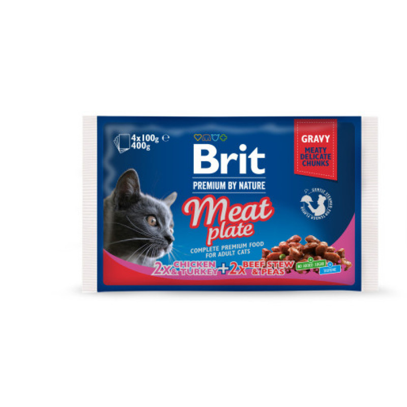 Корм вологий Brit Premium Cat Meat Plate pouches набір для котів м_ясна тарілка курка та індичка з тушкованою яловичиною та горохом 4 шт х 100 г