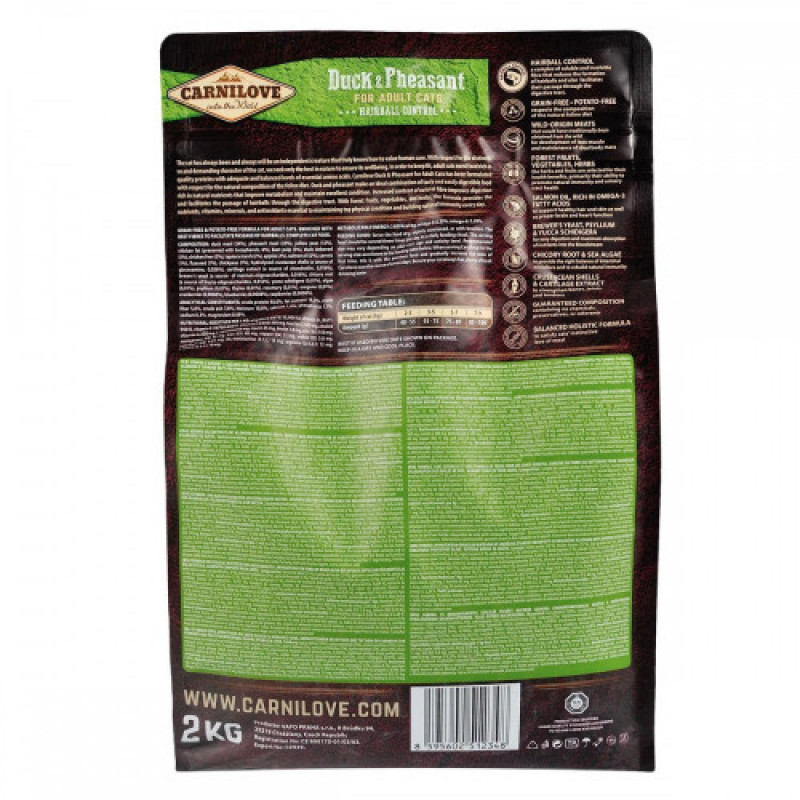 Корм сухий Carnilove Cat Hairball Controll для дорослих котів для виведення шерсті з качкою та фазаном 2 кг