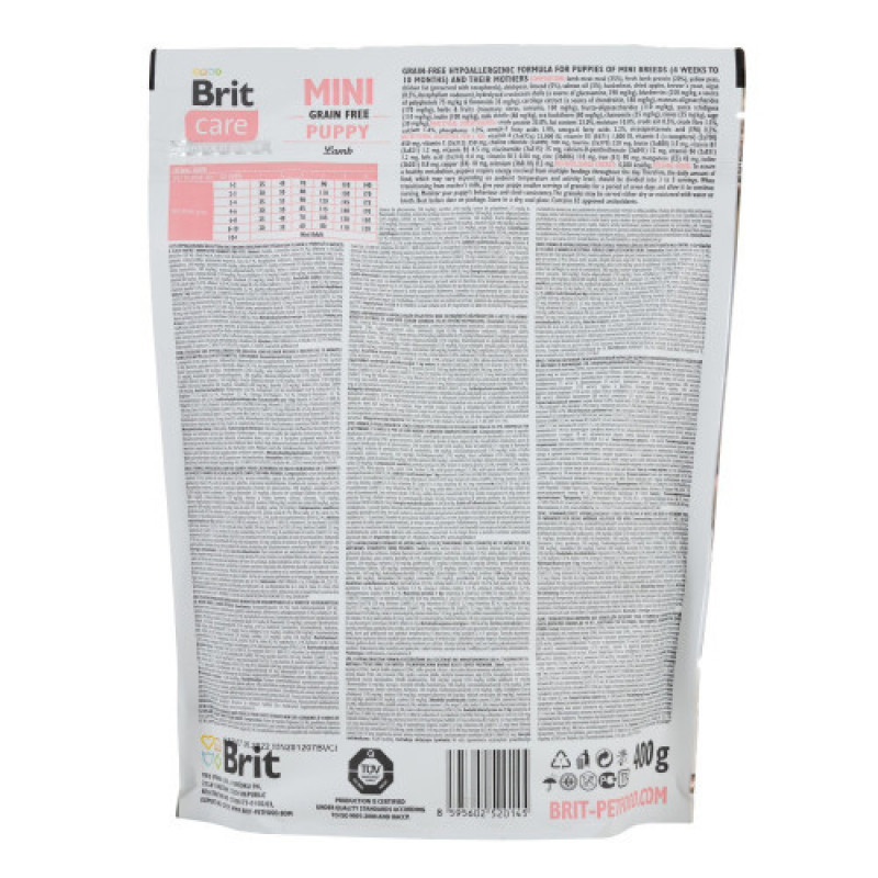 Корм сухий Brit Care Grain Free Mini Puppy Lamb для цуценят та молодих собак мініатюрних порід з ягням 400 г