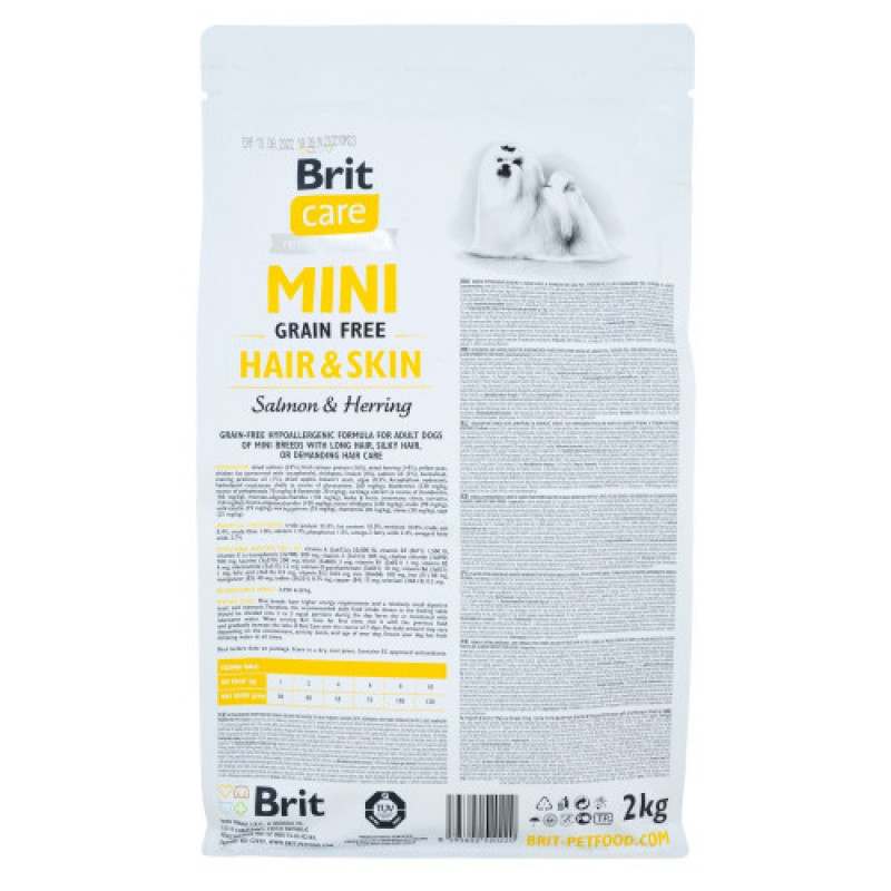 Корм сухий Brit Care Grain Free Mini Hair and Skin для дорослих собак мініатюрних порід для шкіри та шерсті з лососем та оселедцем 2 кг
