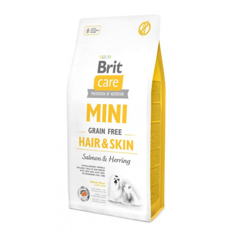 Корм сухий Brit Care Grain Free Mini Hair Skin для собак мніатюрних порід для шкіри та шерсті з лососем та оселедцем 7 кг