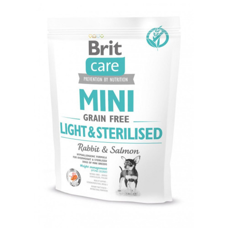 Корм сухий Brit Care Grain Free Mini Light Sterilised для дорослих собак дрібних порід з зайвою вагою або стерілізованих з кроликом та лососем 400 г