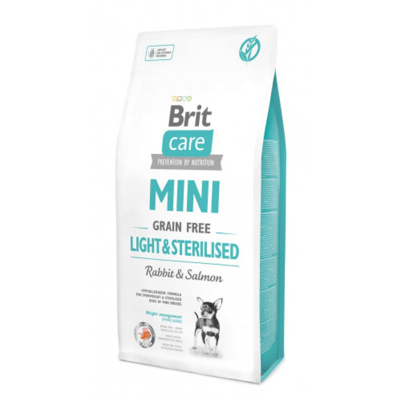 Корм сухий Brit Care Grain Free Mini Light Sterilised для дорослих собак дрібних порід з зайвою вагою або стерілізованих з кроликом та лососем 7 кг
