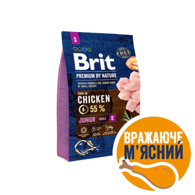 Корм сухий Brit Premium Dog Junior S для молодих собак дрібних порід від 1 до 12 місяців вагою 1-10 кг з куркою 3 кг