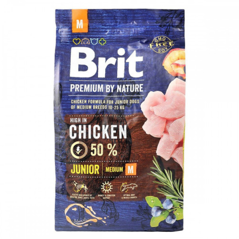 Корм сухий Brit Premium Dog Junior M для цуценят та молодих собак середніх порід від 1 до 12 місяців вагою 10-25 кг з куркою 3 кг