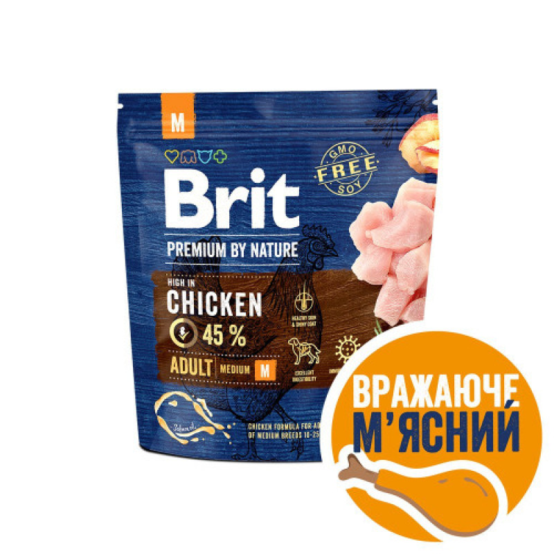 Корм сухий Brit Premium Dog Adult M для дорослих собак середніх порід вагою 10-25 кг з куркою 1 кг