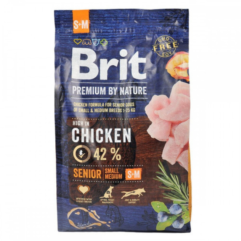 Корм сухий Brit Premium Dog Senior S+M для собак дрібних та середніх порід похилого віку вагою 1-25 кг з куркою 3 кг