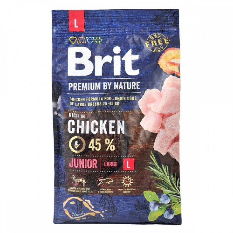 Корм сухий Brit Premium Dog Junior L для цуценят та молодих собак великих порід від 1 до 24 місяців вагою 25-45 кг з куркою 3 кг