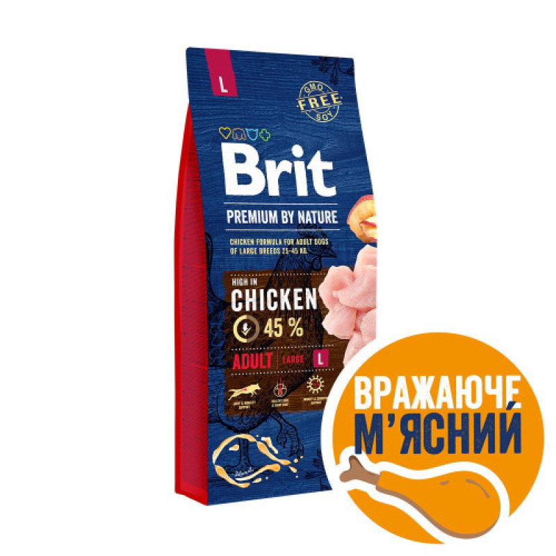 Корм сухий Brit Premium Dog Adult L для дорослих собак великих порід вагою 25-45 кг з куркою 15 кг