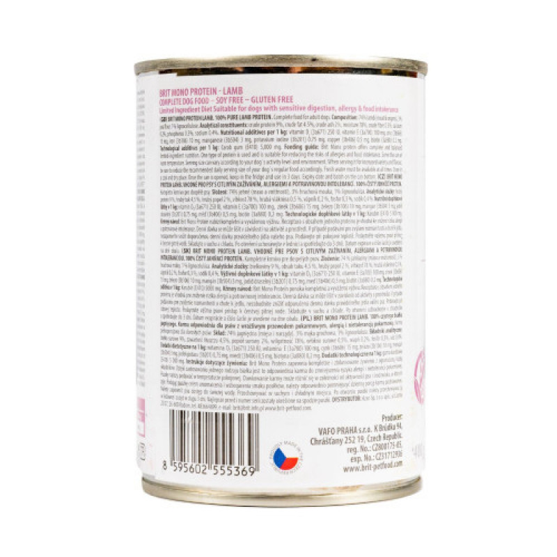 Корм вологий Brit Mono Protein Lamb для собак з ягнятиною 400 г