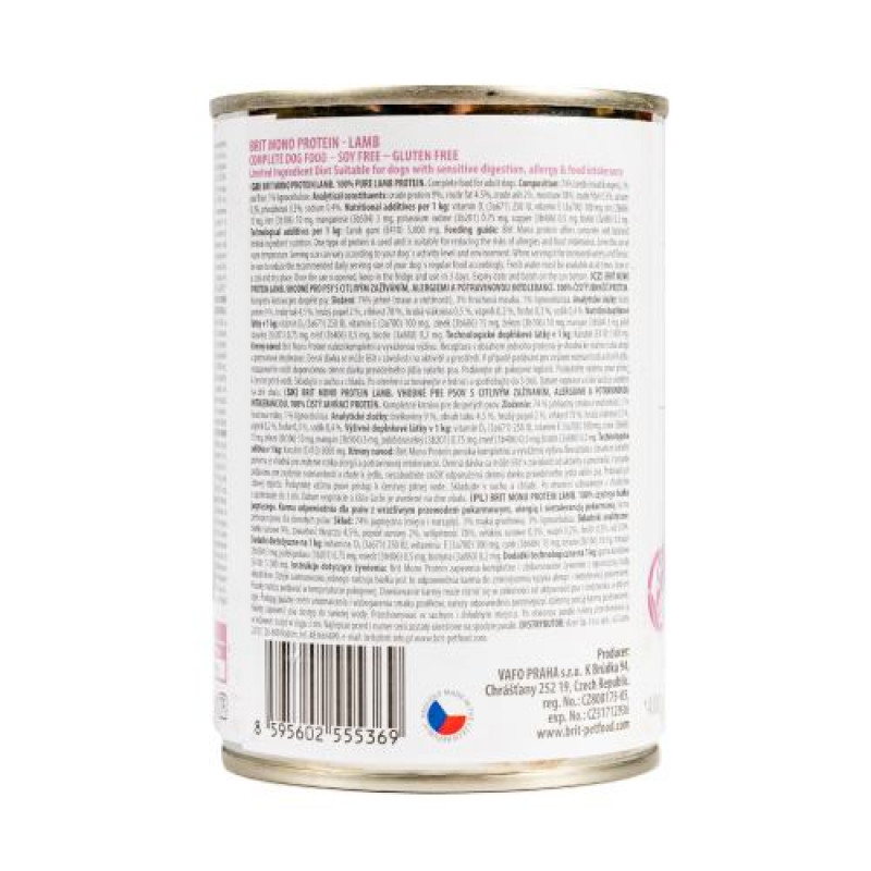 Вологий корм Brit Mono Protein Lamb для собак, з ягнятиною, 400 г