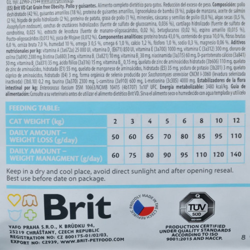 Корм сухий Brit Grain Free VetDiet Cat Obesity для котів з зайвою вагою та ожирінням з куркою та горохом 2 кг