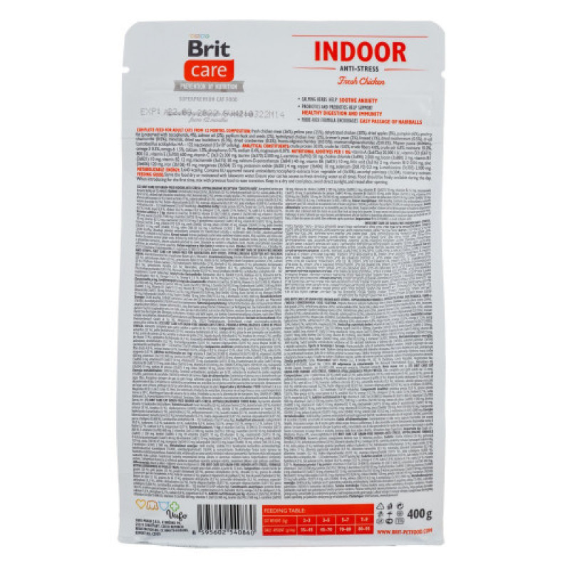 Корм сухий Brit Care Cat Grain Free Indoor Anti-stress для дорослих домашніх котів гіпоалергенний з куркою 400 г