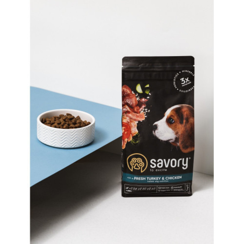 Корм сухий Savory Puppy rich in Fresh Turkey and Chicken для цуценят всіх порід зі свіжою індичкою і куркою 1 кг