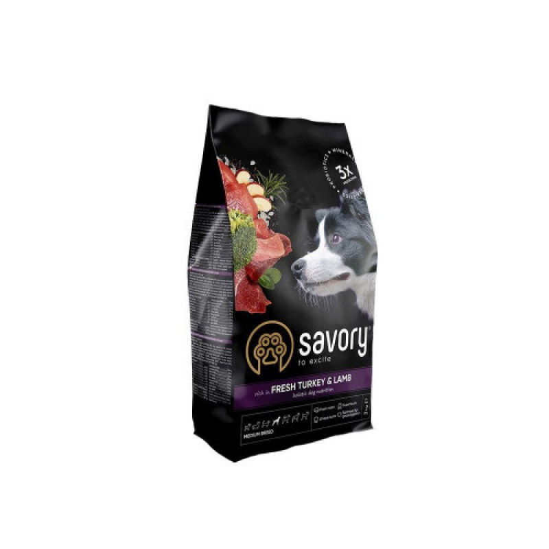 Корм сухий Savory Medium Breed rich in Fresh Turkey and Lamb для дорослих собак середніх порід від 10 до 25 кг зі свіжим ягням та індичкою 3 кг