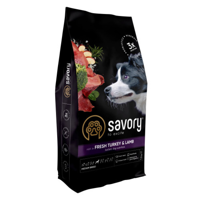 Корм сухий Savory Medium Breed rich in Fresh Turkey and Lamb для дорослих собак середніх порід від 10 до 25 кг зі свіжим ягням та індичкою 12 кг