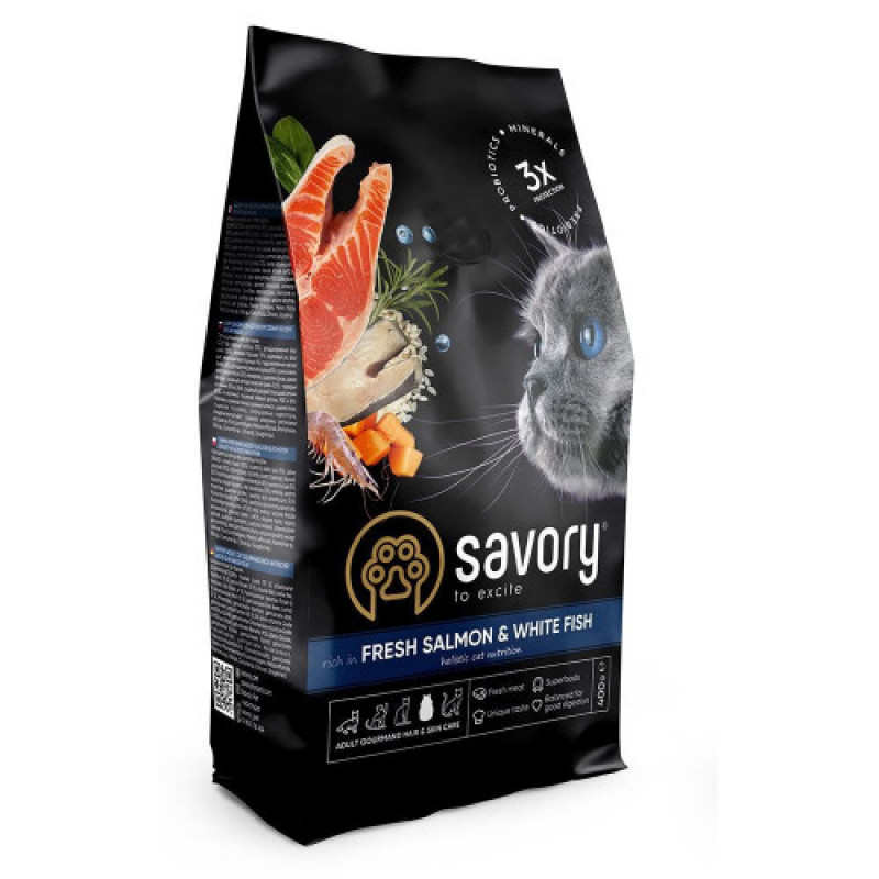 Корм сухий Savory Adult Cat Gourmand Fresh Salmon and White Fish для дорослих котів зі свіжим лососем і білою рибою 400 г