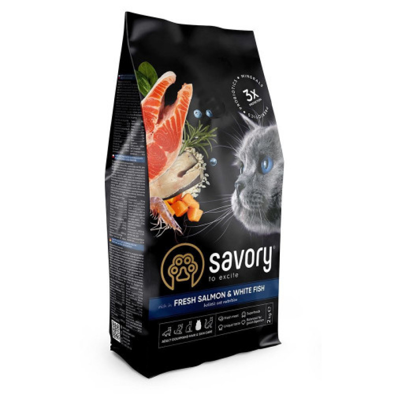 Корм сухий Savory Adult Cat Gourmand Fresh Salmon and White Fish для довгошерстих котів зі свіжим лососем і білою рибою 2 кг