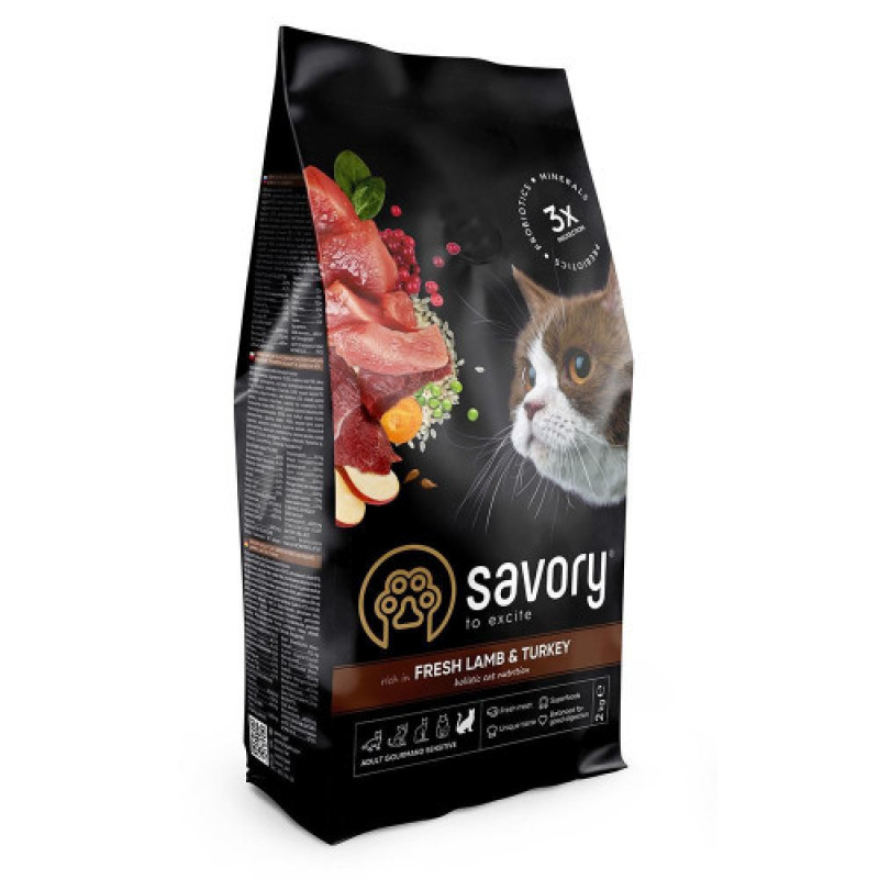Корм сухий Savory Adult Cat Sensitive Digestion Fresh Lamb and Turkey для дорослих котів з чутливим травленням з ягнятиною та індичкою 2 кг