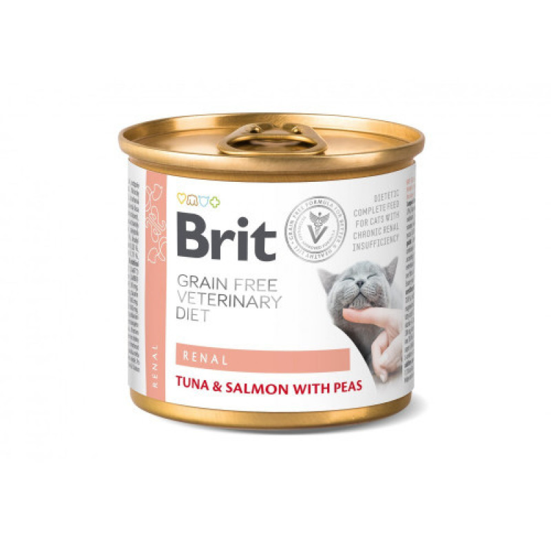 Вологий корм Brit Grain Free Veterinary Diets Renal для дорослих котів з хронічною нирковою недостатністю з тунцем лососем та горошком 200 г