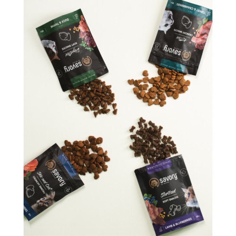Хрусткі ласощі Savory для здоров’я шкіри та шерсті, лосось і малина