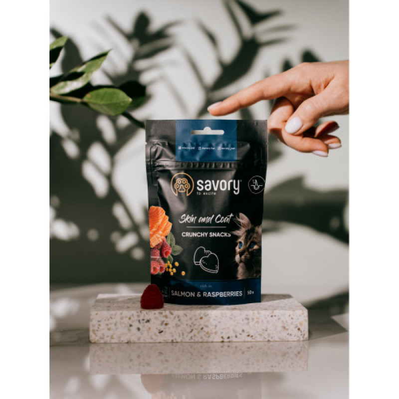 Хрусткі ласощі Savory для здоров’я шкіри та шерсті, лосось і малина