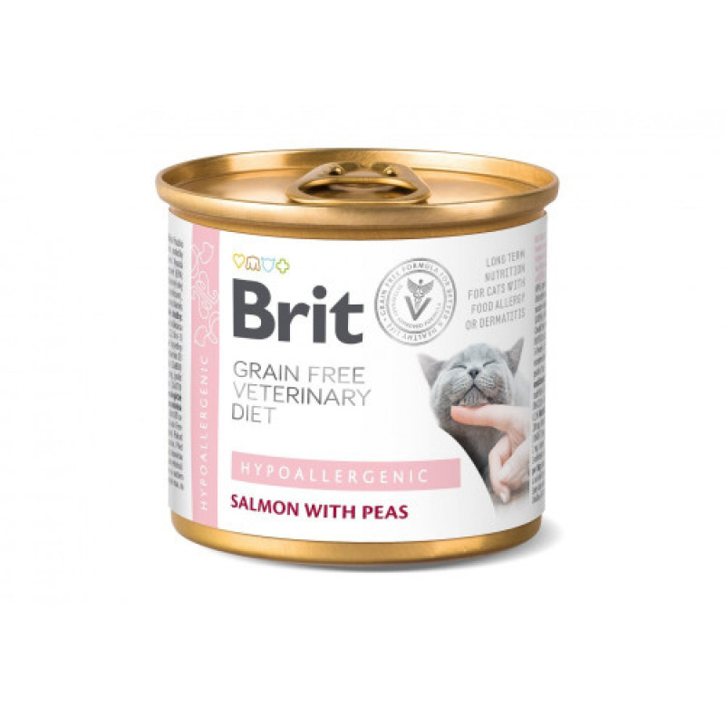 Вологий корм Brit Grain Free Veterinary Diets Hypoallergenic для котів із харчовою алергією або непереносимістю з лососем та зеленим горошком 200 г