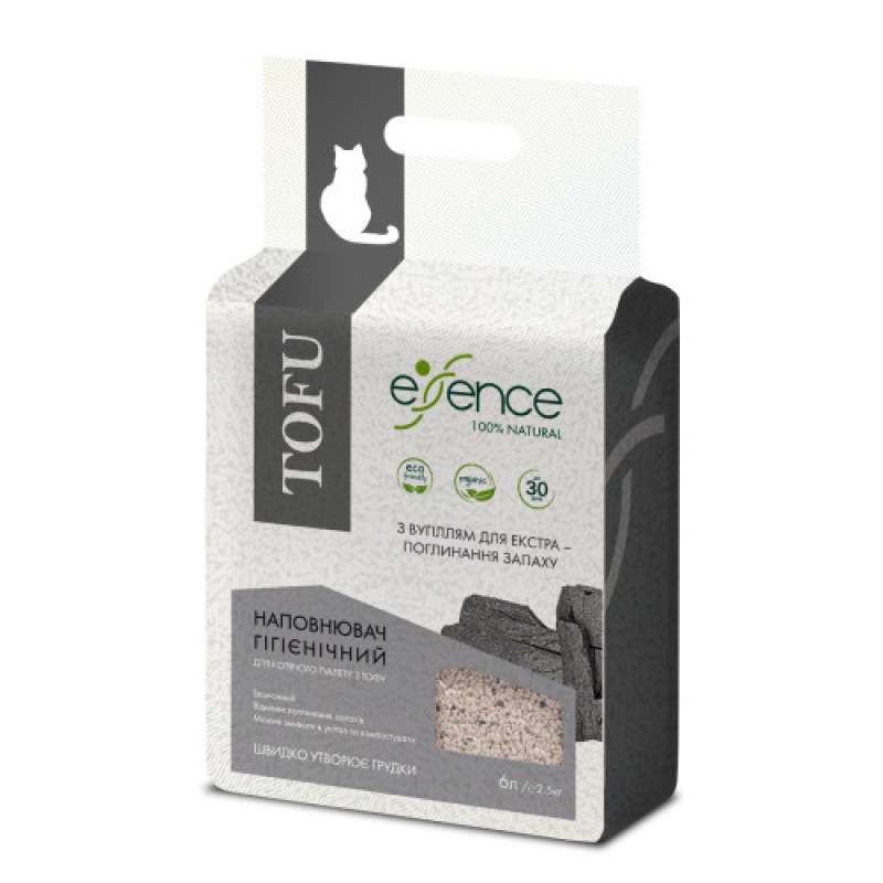 Наповнювач гігієнічний Essence мм для котячого туалету для екстра поглинання запаху натуральний з тофу з вугіллям гранула 1-4 мм 6 л