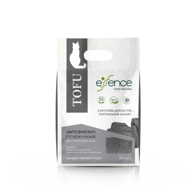 Наповнювач гігієнічний Essence мм для котячого туалету для екстра поглинання запаху натуральний з тофу з вугіллям гранула 1-4 мм 6 л