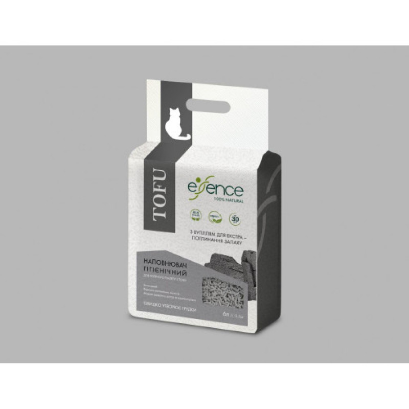 Наповнювач гігієнічний Essence мм для котячого туалету для екстра поглинання запаху натуральний з тофу з вугіллям гранула 1-4 мм 6 л