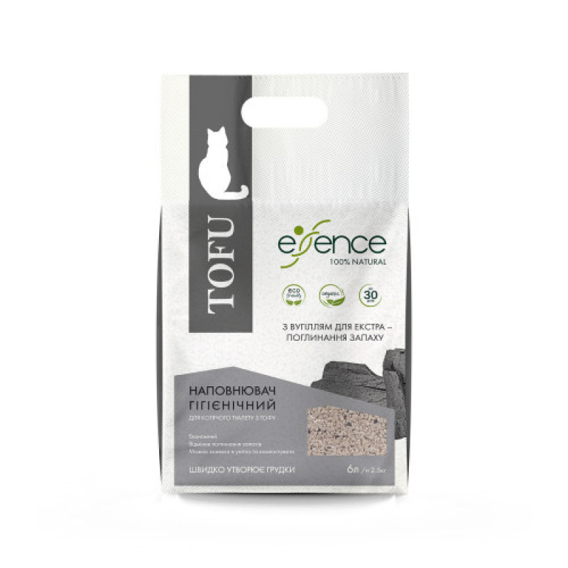 Наповнювач гігієнічний Essence мм для котячого туалету для екстра поглинання запаху натуральний з тофу з вугіллям гранула 1-4 мм 6 л