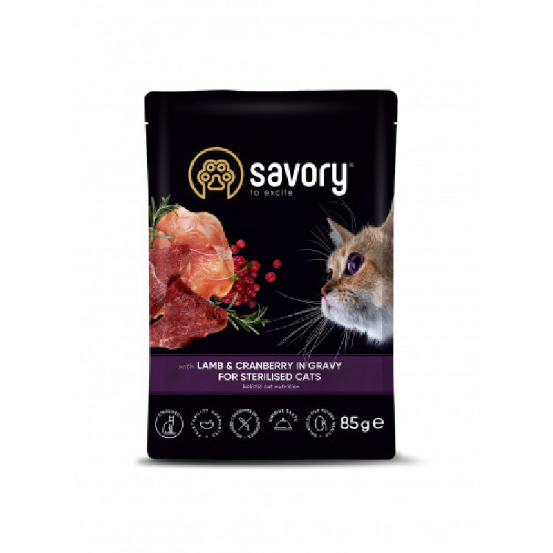 Корм вологий Savory Sterilised Cat Pouch Lamb and Cranberry in Gravy для стерилізованих котів з ягням та журавлиною у соусі 85 г