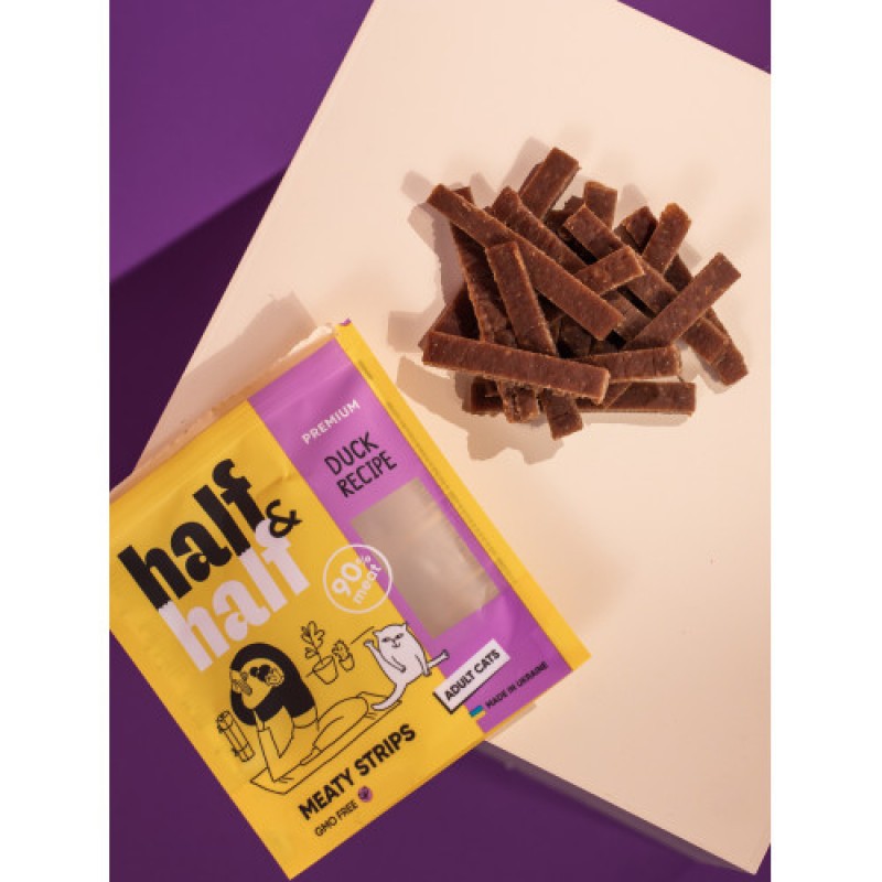 Ласощі для котів Half&Half у формі м'ясних смужечок з качкою, 50 г