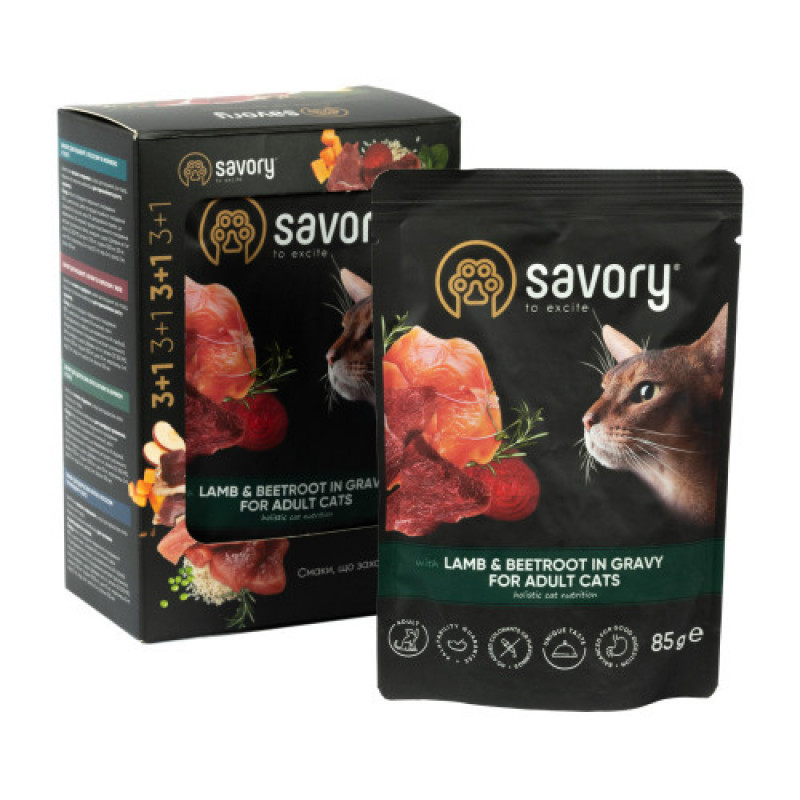 Набір паучів Savory 3+1 для котов Adult Lamb and beetroot in Gravy 85g