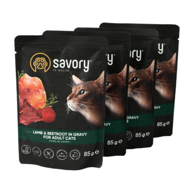 Набір вологих кормів Savory "3+1" для дорослих котів, ягня з буряком у соусі, паучі, 4 шт 85 г