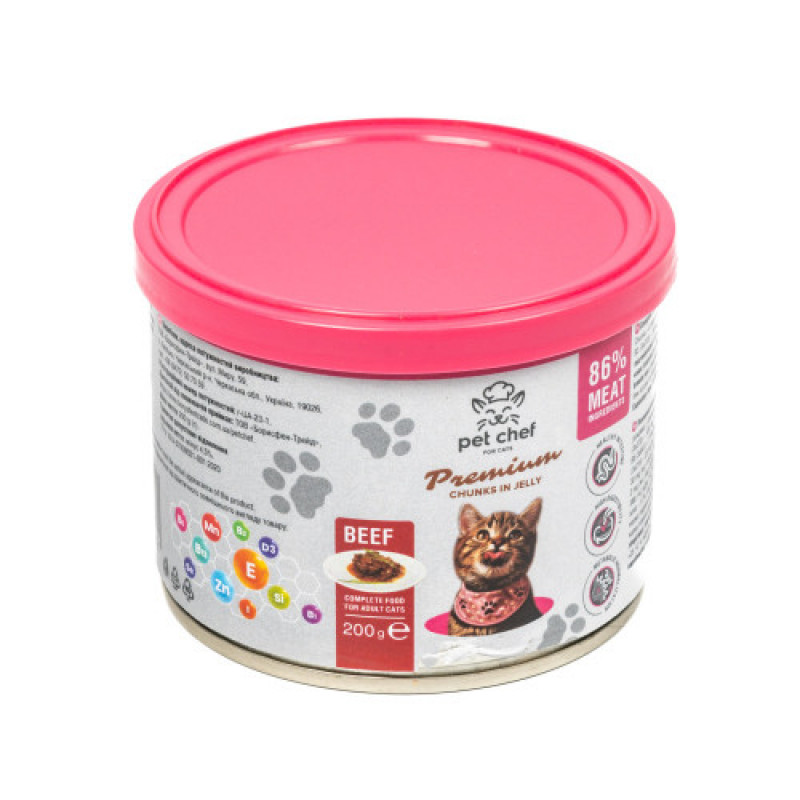 Вологий корм для котів Pet Chef шматочки в желе з яловичиною 200 г