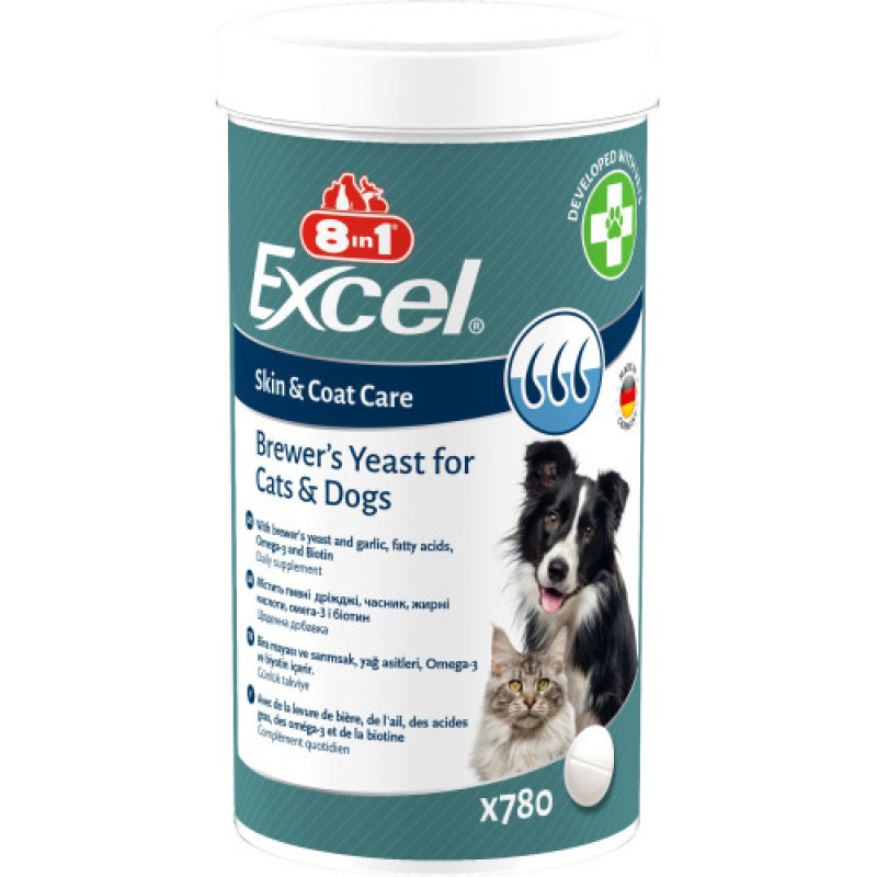 Вітаміни 8in1 Excel Brewers Yeast для собак та котів, пивні дріжджі з часником, для шкіри та шерсті, 780 шт