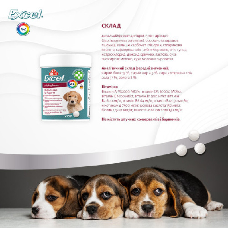 Вітаміни 8in1 Excel Multi Vitamin Puppy для цуценят та молодих собак, мультивітамін, 100 шт