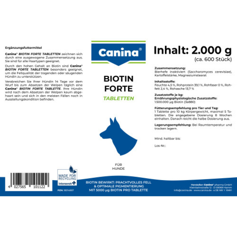 Вітаміни Canina Biotin Forte Tabletten для собак, інтенсивний курс для шерсті, 2000 г (600 табл)