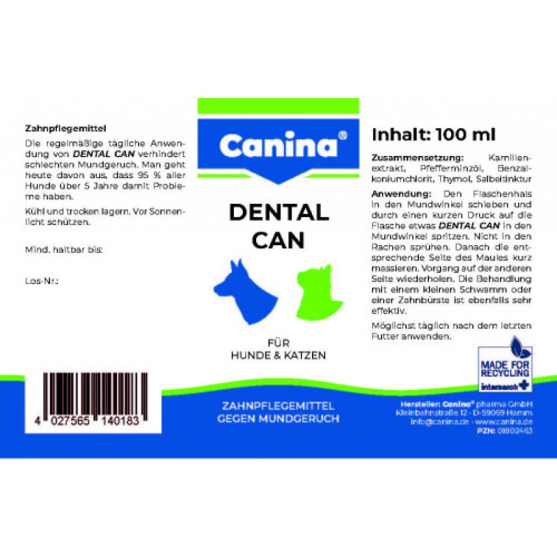 Гігієнічний засіб Canina Dental Can для усунення неприємного запаху у пащі собак і здоров_я зубів та ясен 100 мл